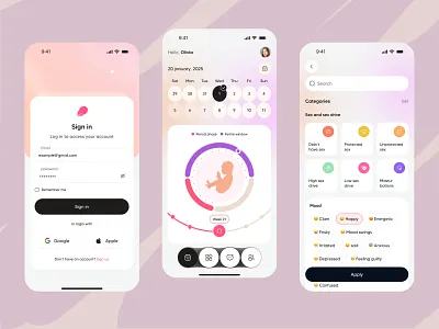 Pregnancy And Period Tracker mobile App app design baby countdown calendar home paege interface design login minimal mobile mobile app period period tracker periods pregnancy pregnancy journey pregnancy planner pregnancy progress pregnancy tracking app uiux women women health