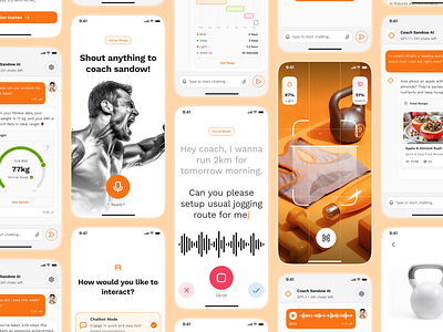 sandow v2: AI Fitness & Nutrition App | Fitness Companion UIUX ai fitness app ai fitness chatbot ai fitness coach ai workout app clean coaching app figma ui kit fitness companion fitness companion app fitness mobile app fitness ui kit minimal modern orange personalized fitness smart fitness smart workout virtual coach app voice recognition ui workout app