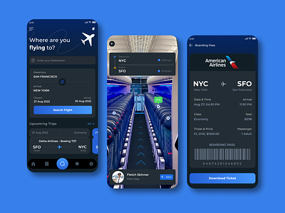 Flight Ticket Booking App airline airline app airlines airport app design blue boarding pass booking booking flight clean ui flight app flight booking graphic design minimal mobile app schedule ticket ticket app travel uiux