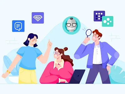 Geekbot Blog Cover article blog business character chat collaborate collaboration cover editorial flat friend geekbot man office remote slack team vector woman work