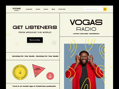 Vogas Radio - SaaS Hero Section 🎙 design digital landing page layout microphone music news playlist podcast radio app radio station song sound streaming ui ux vintage voice web design website