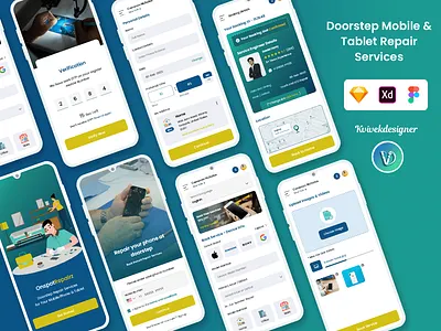 Doorstep Mobile and Tablet Repair Services Mobile App UI Kit app battery concept doorstep home mic office repair service speakers touch visit