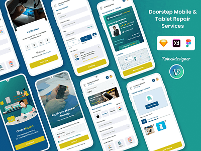 Doorstep Mobile and Tablet Repair Services Mobile App UI Kit app battery concept doorstep home mic office repair service speakers touch visit