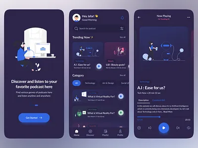 PodcastQu: Podcast Mobile App (Dark Mode) appdesign audio audio book branding dailyui design figma flat illustration graphic design illustration logo music player player podcast podcast app ui uidesign uiux vector webdesign