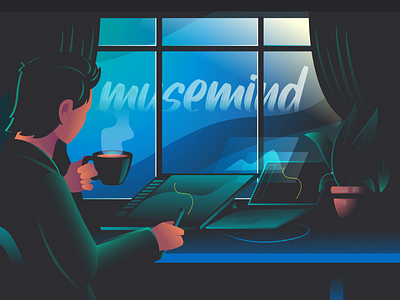 Hello from Musemind Creative Team 🎨 2d 2d animation animation creative desginer design desk illustration illustrator musemind musemind team night work thinking ui illustration vector work