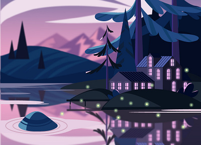 Lake house in the evening illustration landscape purple vector violet