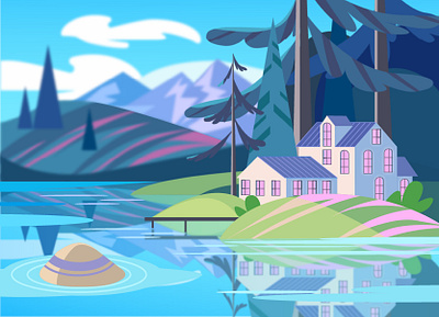 Summer day at the lake house illustration landscape summer vector