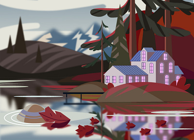 Autumn at the lake house autumn illustration landscape red vector