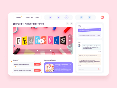 Learning management system with a funny cute interface childrens interface cute ui delicate design desktop interface distance learning fancy ui for kids for teens interface for schoolchildren learning management learning system message box online chat online education pink color purple elements red buttons rounded corners service for education sparkles interface