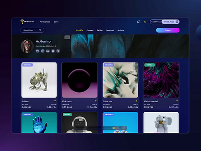 NFTreasure marketplace branding card design figma game like marketplace nft profile profile page token ui ux web