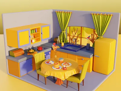 yellow kitchen 3d 3d illustration abstract belnder character colorfull cycles design flowers illustration illustrator kitchen kitchen design render sophie tsankashvili tbilisi yellow
