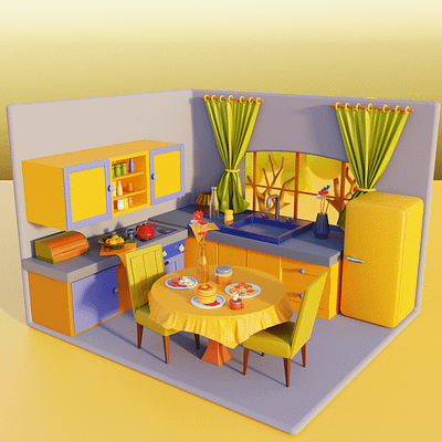 yellow kitchen 3d 3d illustration abstract belnder character colorfull cycles design flowers illustration illustrator kitchen kitchen design render sophie tsankashvili tbilisi yellow