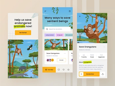 Animal Population Mobile App animal app bird card design donate gradient help icon illustration komodo landscape lizard minimalist mobile orangutans orely rhino save ui design