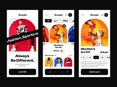 Exude- Fashion Store App Design adidas android app design application clothing app design ecommerce app fashion app graphic design inspiration ios mobile app mobile application modern design nike trendy design ui ui design uidesign uiux