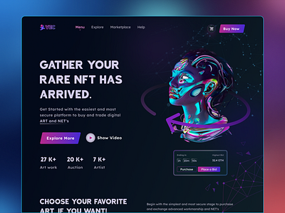 VEC-NFT Dark theme Landing page. art blockchain branding design crypto art crypto landing page cryptocurrency dark landing page dark mode exploration homepage landing page marketplace minimalist nft nft landing page nft marketplace ui web design website website design