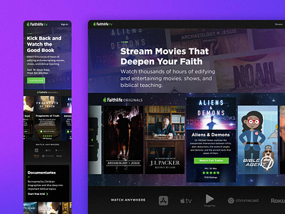 FaithlifeTV Landing Page amazon prime church disney plus hulu landing page netflix peacock product design pureflix streaming tech ui video web website
