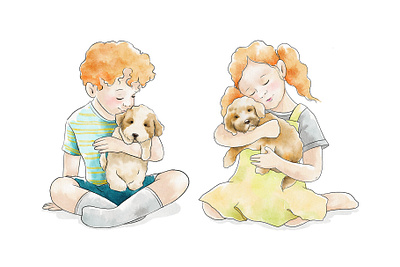 Watercolor illustrations for Breed Rearer children and dogs kids and dog kids illustrations logo watercolor watercolor dog