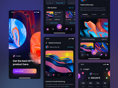 NFT Market Mobile black buy dark design dribbble galaxy nft sell trend ui uidesign yellow