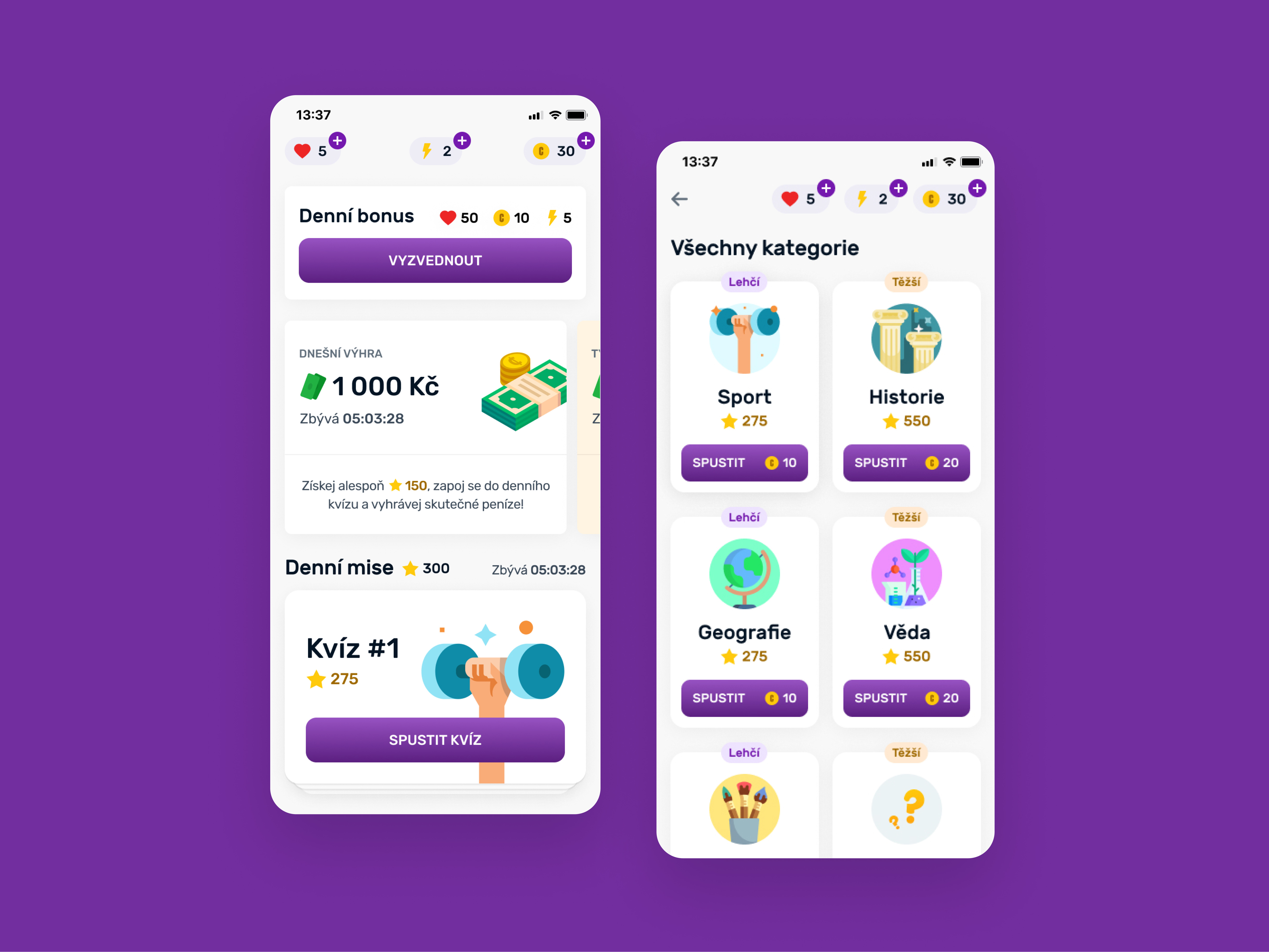 Example of Kvízuj - quiz app with real cash prizes