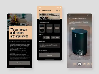 Mobile application for the repair of household appliances. appliances courier delivery figma foto ios mobile app repair speaker startup store ui ux ux ui design