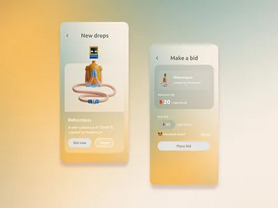 NFT app 3d app futuristic green illustration make bid mobile nft nft app nft market nft marketplace noisy noisy gradient pastel trends trendy ui ux yellow