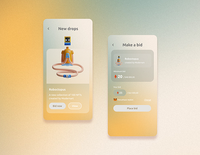 NFT app 3d app futuristic green illustration make bid mobile nft nft app nft market nft marketplace noisy noisy gradient pastel trends trendy ui ux yellow