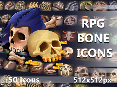 Free 50 Bone and Skull RPG Icons 2d art asset assets bone bones fantasy gamedev icon icons indie loot mmo mmorpg pack psd rpg set sets skull