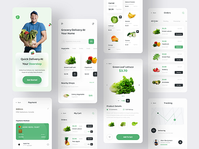 Grocery Store Mobile Application Design (Light Version) branding bread chicken clean ui corn daily needs delivery app food food app fresh app fruits app grocery app grocery store m commerce market meat mobile app orange app supermarket vegetable