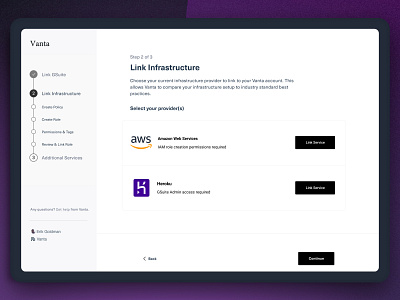 Vanta Link Service / Integrations app branding clean compliance dashboard design illustration integrations logo permissions policies roles security ui ux web website