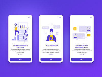 Property management app onboarding screens 2d app artwork clean design flat illustration lineart management mobile onboarding property ui
