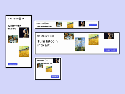 Masterworks: Turn Bitcoin into art. Animated display banners animation app art banner ads bitcoin black and white crypto display display ads fintech html5 banners investing marketing campaign motion motion graphics nft typography