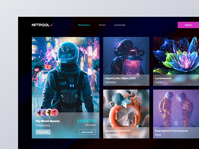 NFTPOOL - NFT Marketplace UI binance bitcoin blockchain coin creative crypto crypto art crypto website defi design landing landingpagedesign minimal nft nft marketplace token trade ui uidesign web