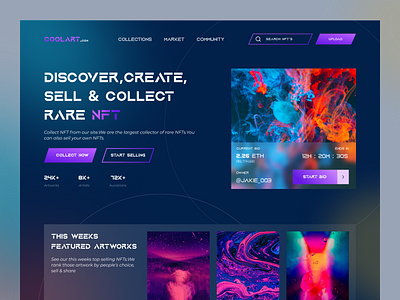 Coolart.com - NFT Website Header bitcoin crypto cryptocurrency cryptocurrency web dark ui digital art eth ethereum glassmorphism gradient hero section homepage landing page nft art token ui ui design ui ux web design website