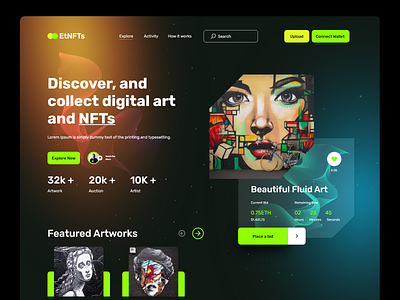 NFTs Marketplace Website bitcoin cryptoart design ethereum home page landing landing page landingpage marketplace nft art nfts web page website design