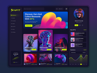 NFT Marketplace Dashboard Dark 3d crypto cryptocurrency dark dark ui dashboard ethereum glassmorphism marketplace nft nft panel nftart nfts non fungible platform token ui uidesign ux web app