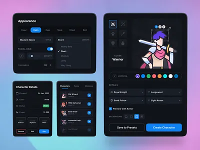 Vector Character Creation - UI Elements app colorful dark interface dark ui design elements illustration modern simple ui ui ui elements user experience user interface ux