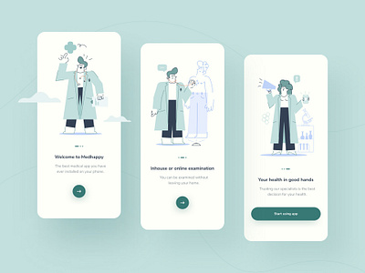 Medhappy - onboarding concept branding character design graphic design hand drawn health illustration mobile app onboardng shadows slider ui user interface vector