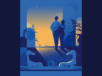 Sunset adobe illustrator character city couple design design poster dogs illustration illustrator iwera landscape lovers nft poster sky sunset vector vera iva