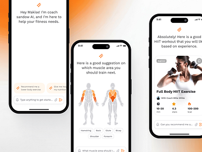 sandow v2: AI Fitness & Nutrition App | Workout Companion UIUX ai fitness app ai fitness coach ai workout app clean figma ui kit fitness assistant app fitness companion fitness companion app fitness mobile app fitness ui kit gradient minimal modern orange personalized fitness smart fitness smart workout virtual coach app workout app workout companion app