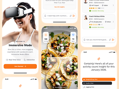sandow v2: AI Fitness & Nutrition App | Diet Companion UIUX ai fitness app ai fitness coach ai workout app clean coaching app figma ui kit fitness companion app fitness mobile app fitness ui kit minimal modern nutrition app nutrition ui kit orange personalized fitness smart fitness smart workout virtual coach app wellness app workout app