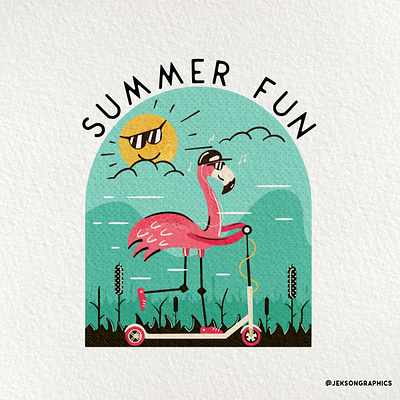 Flamingo Summer Fun | Badge Design with Textures adventure badge camping design emblem flamingo flat fun illustration jeksongraphics logo retro retro design scooter summer travel travel badge vector vintage