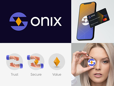 Onix Branding bitcoin branding crypto crypto currency cryptocurrency diamond etherum hand identity illustration logo logos mark minimal money secure spg symbol trust ui