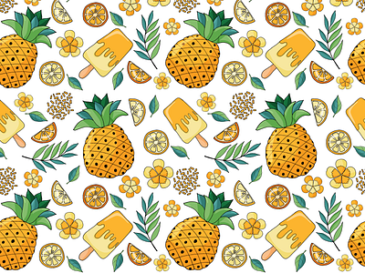 Summer seamless pattern with yellow fruits, flowers, ice cream ananas endless summer pattern hibiscus ice cream orange pattern pineapple seamless summer summer background summer mood summer pattern tropical tropical background tropical fruits yellow yellow background yellow flowers yellow fruits yellow pattern