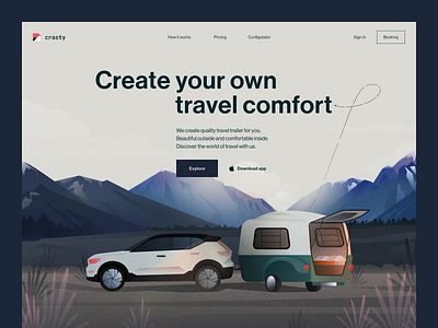 Landing page for trailers rental service booking car design desktop gradient home page illustration journey landing page mood mountains nature rent trailer trip ui visual web site