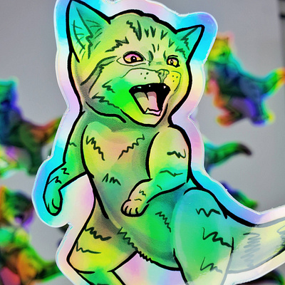 Kit-T-Rex Holographic Sticker cat design dinosaur holographic illustration meow product design sticker surface design