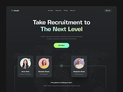 HireEZ ⌁ Website Redesign Concept app clean dark mode design gradient green hire hiring hr light blue management modern npw recruit recruitment saas ui ux web design world