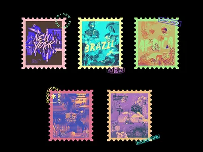 Stamp Design africa brazil card cities colors gradient map new york paris postal stamp design tokyo travel type