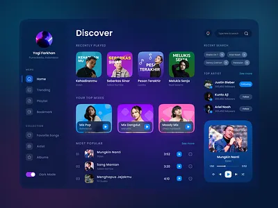 Music App - Dashboard app bold branding clean dark mode dashboard dekstop design gradient minimal minimalist music platform play playlist ui uiux ux website widgets