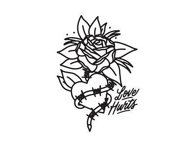 LOVE HURTS blackwork ignorant illustration lettering rose tattoo tattoo flash