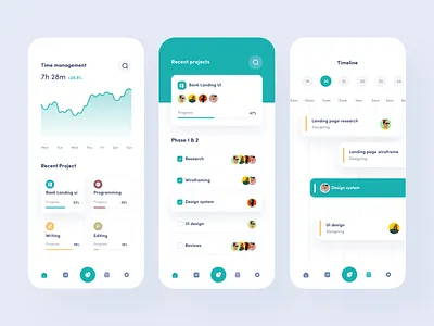 Time management app app avatar calendar card chart clean concept design flat graphic design icons minimal search task timer ui ux